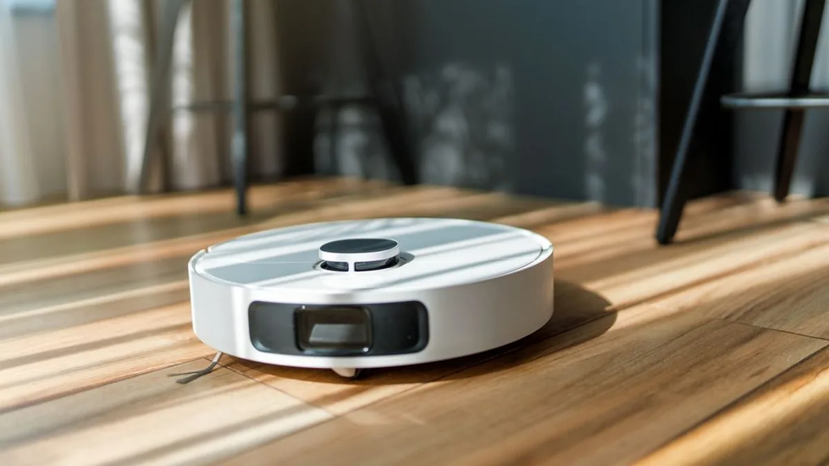 Aspirateur robot en cours de passage sur un parquet clair