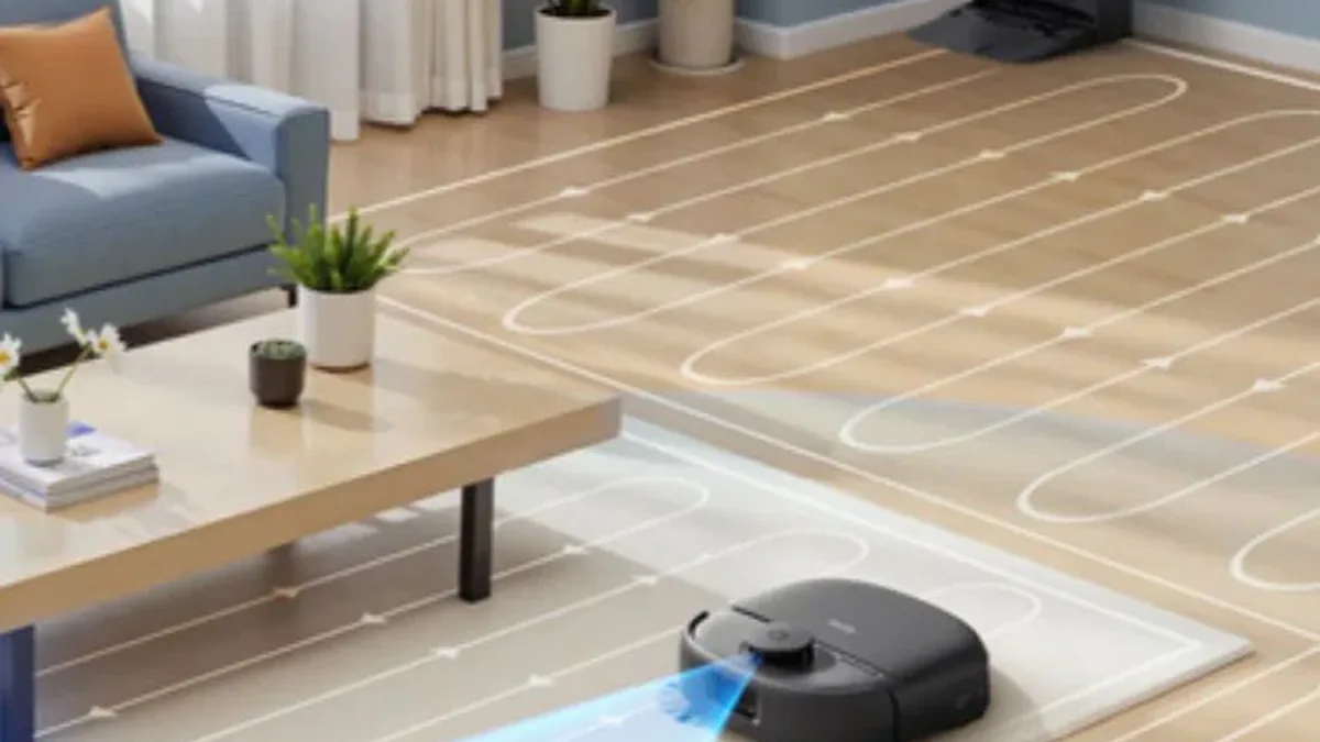 Aspirateur robot cartographiant une pièce, trajet de nettoyage visualisé au sol