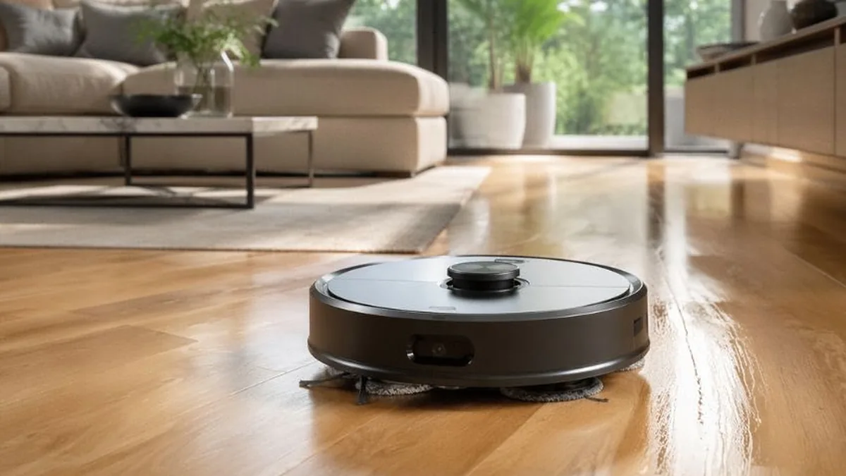 Aspirateur robot laveur passant ses serpillières rotatives sur un parquet