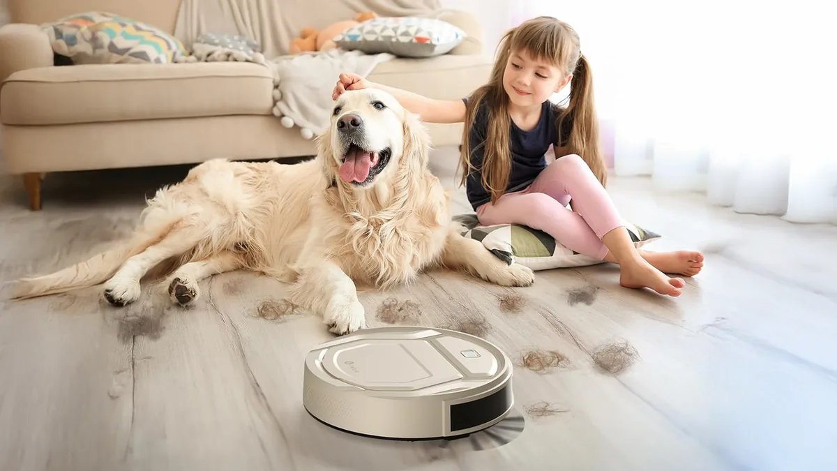 Aspirateur robot ramassant des touffes de poils de chien dans un salon