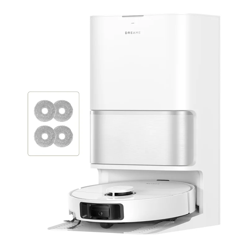 Aspirateur robot laveur Dreame L10s Ultra Gen 3 posé sur sa station PowerDock avec les serpillières de rechange
