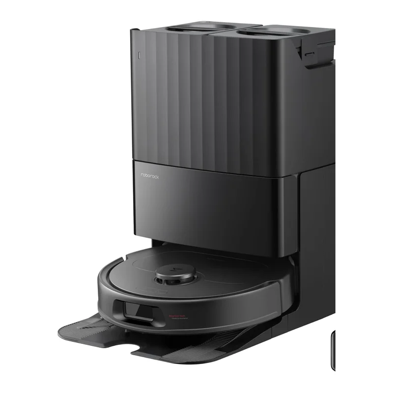 Aspirateur robot laveur Roborock Qrevo S Pro noir sur sa station d'auto-vidage