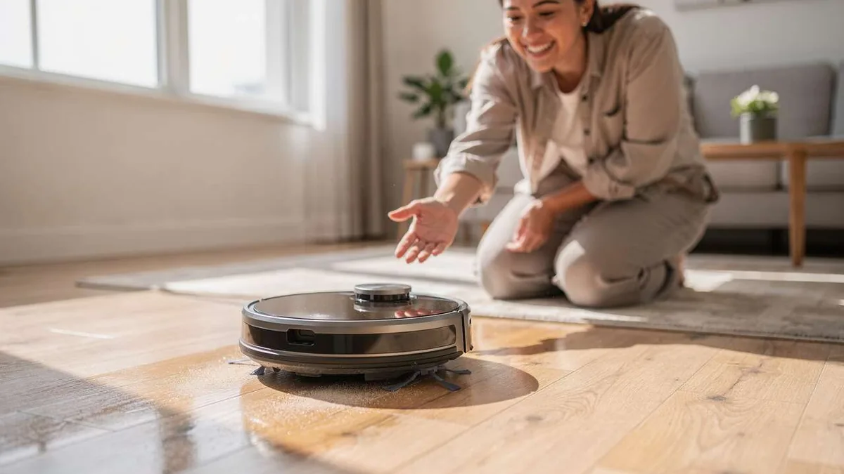 Personne vérifiant un aspirateur robot arrêté au milieu d'une pièce